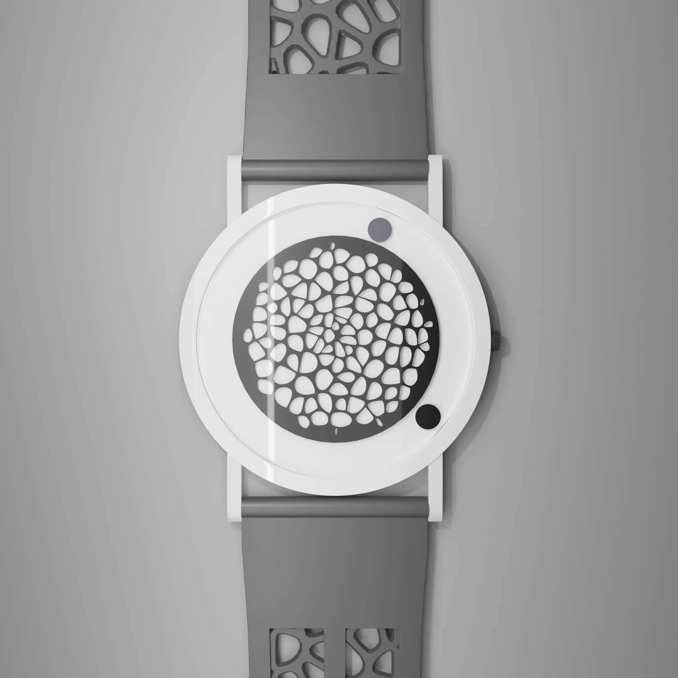 Render of the Descartes watch face with its organic cut-out disc