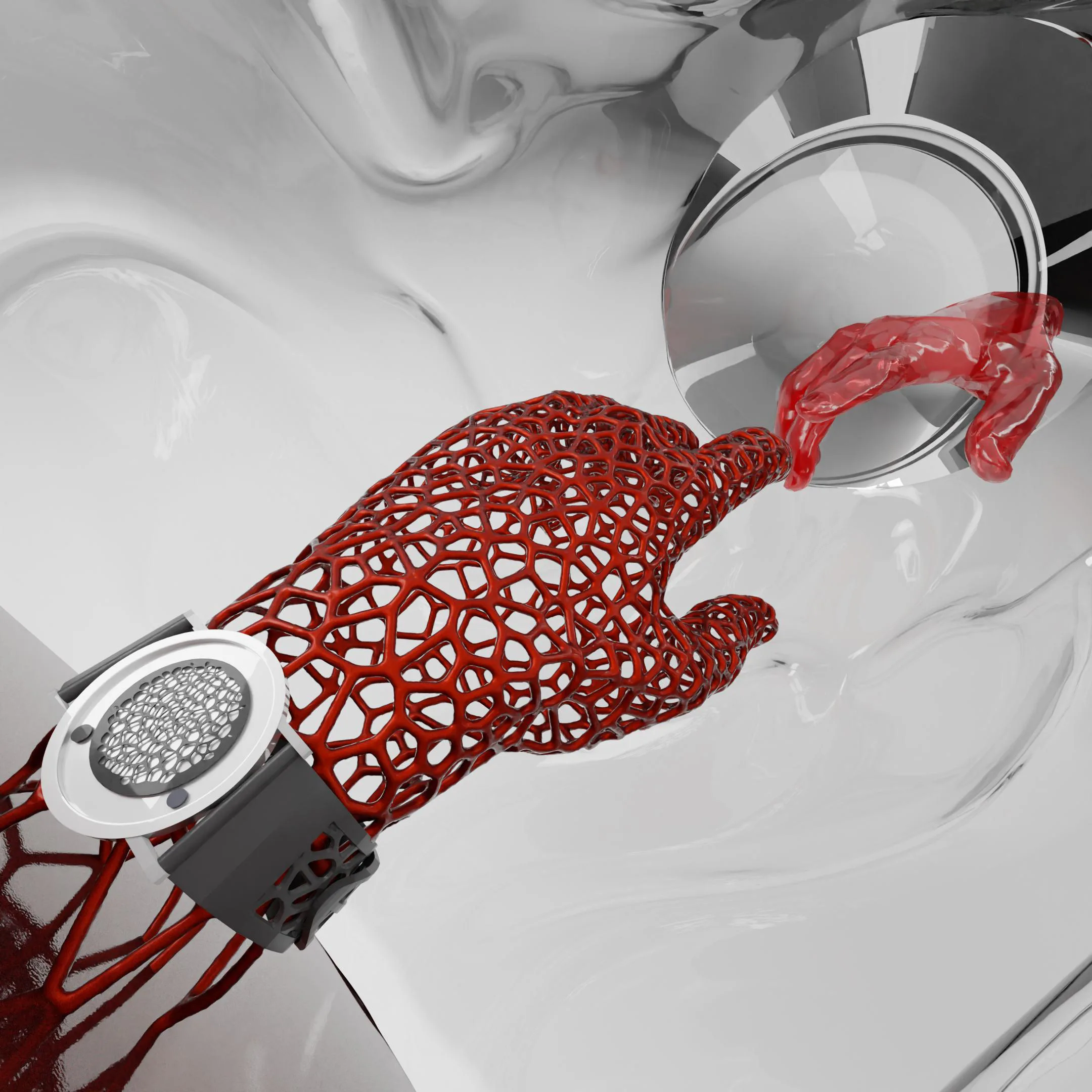 Packaging render: a red Voronoi-lattice hand wearing the watch reaching towards a glass hand