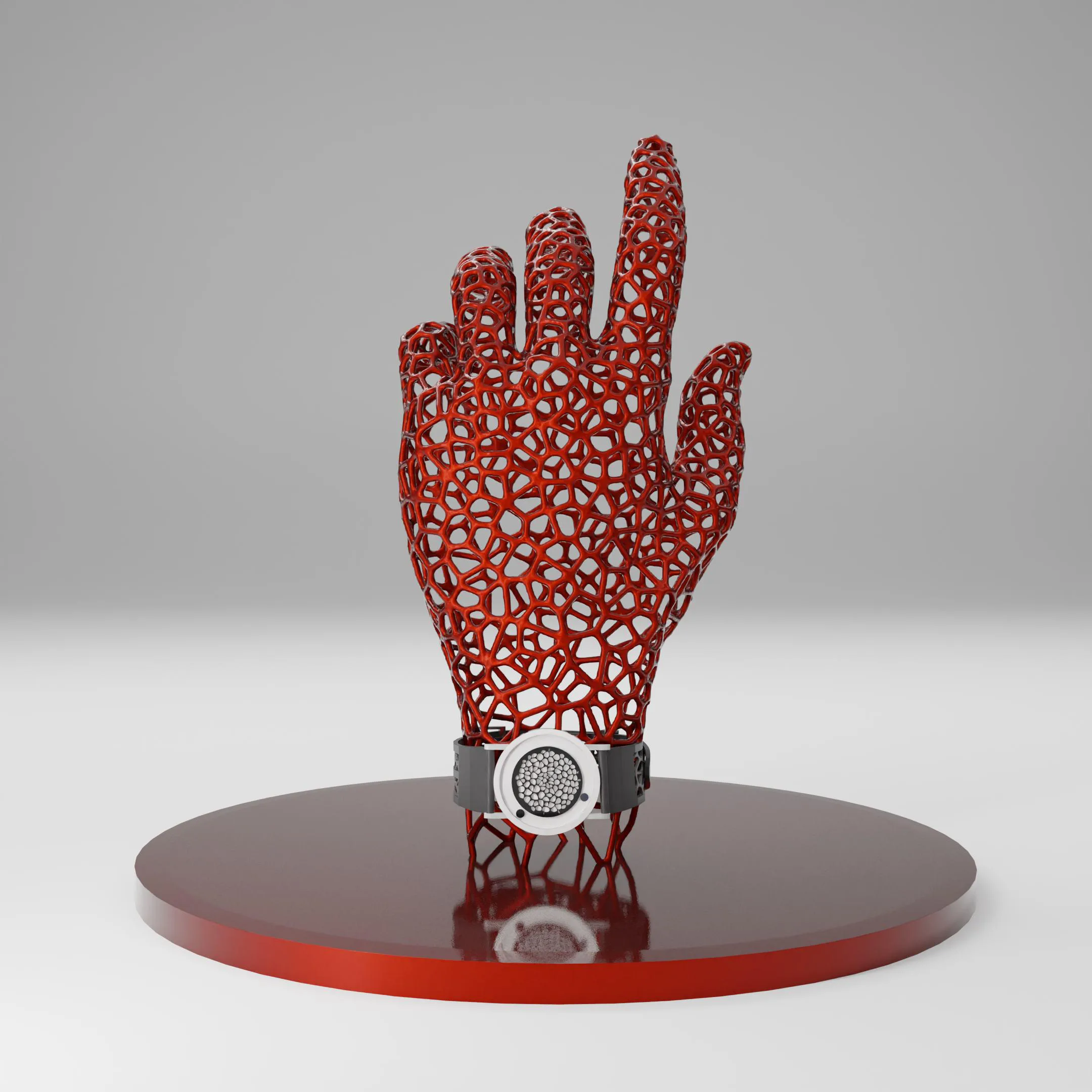 Red lattice hand on a red base, wearing the watch