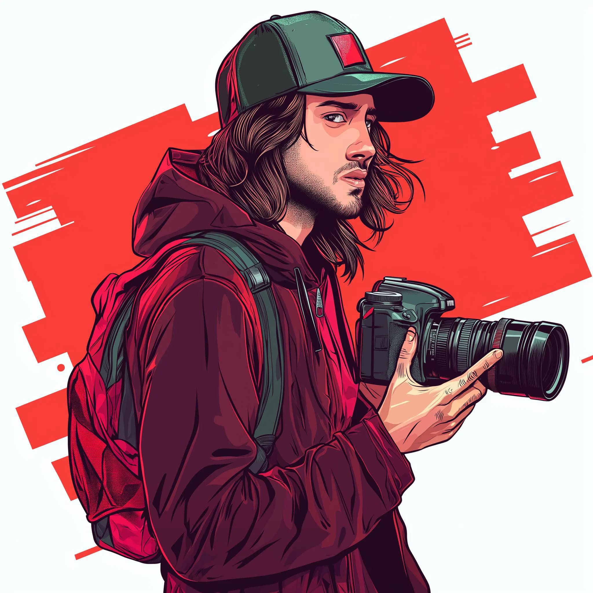 Illustrated persona: a young car YouTuber in a cap holding a camera