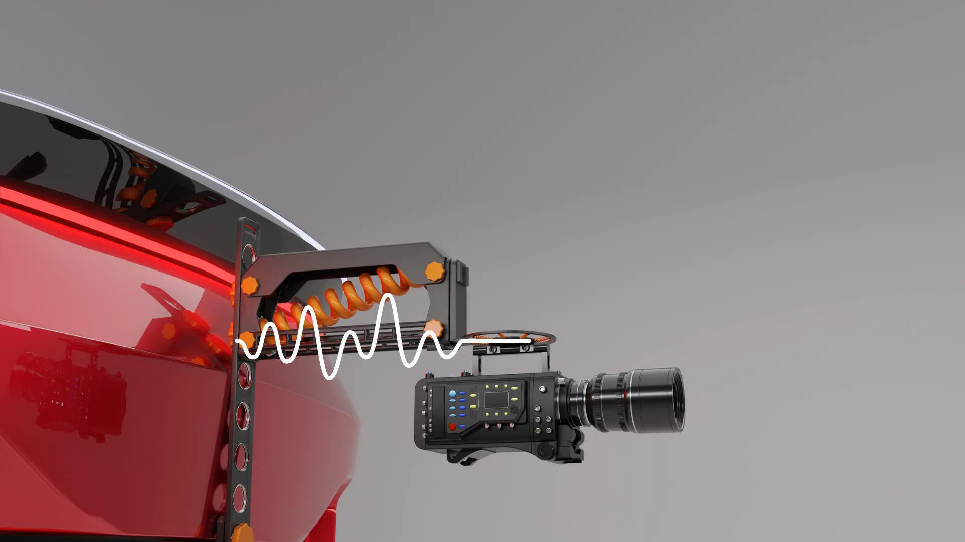 Render of the camera mount with a waveform showing damped vibration