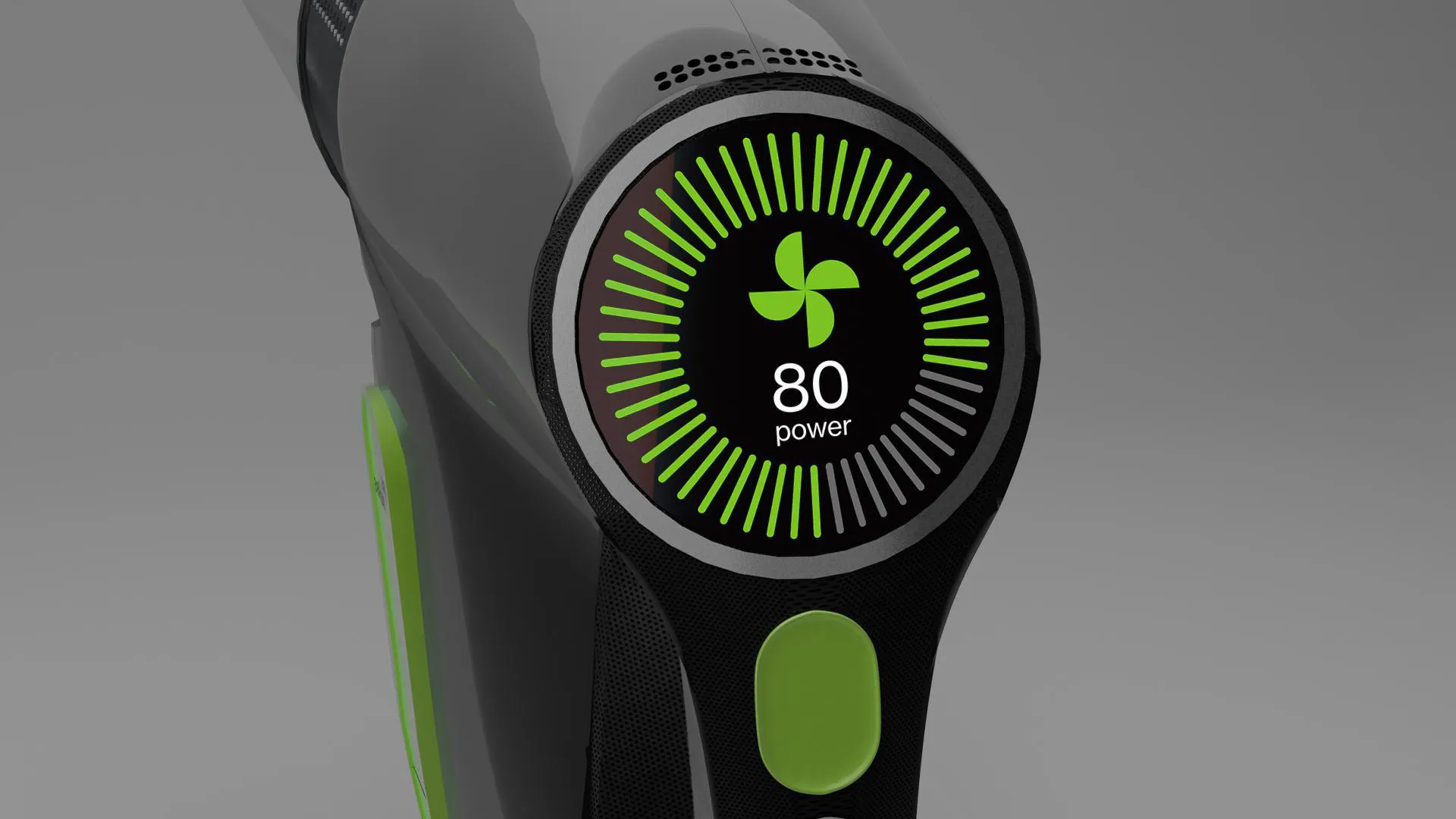 The round display showing power 80 on the vacuum handle