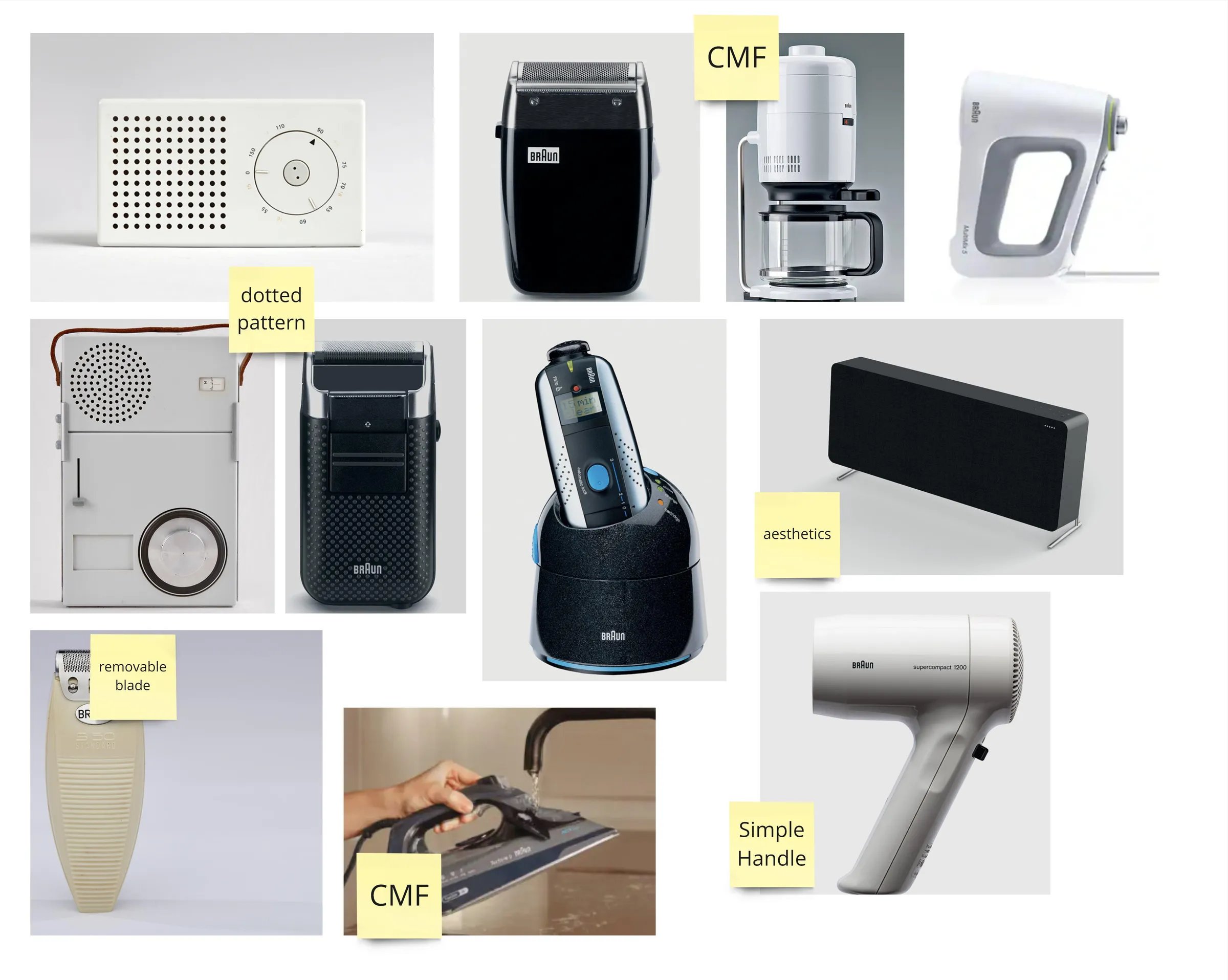 Moodboard of Braun products annotated with dotted patterns, CMF and simple handles