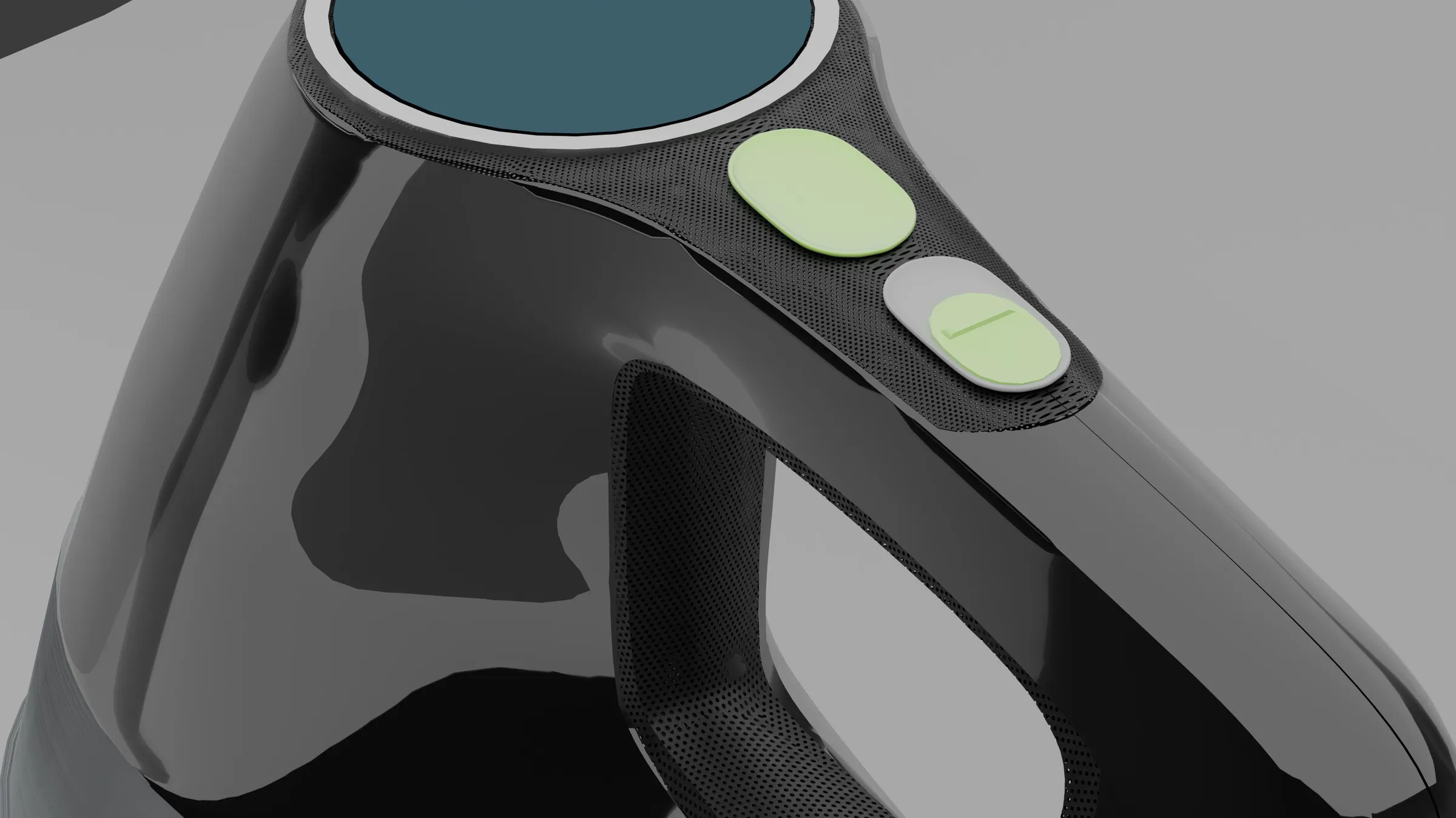 Close-up of the handle with pattern holes and green buttons