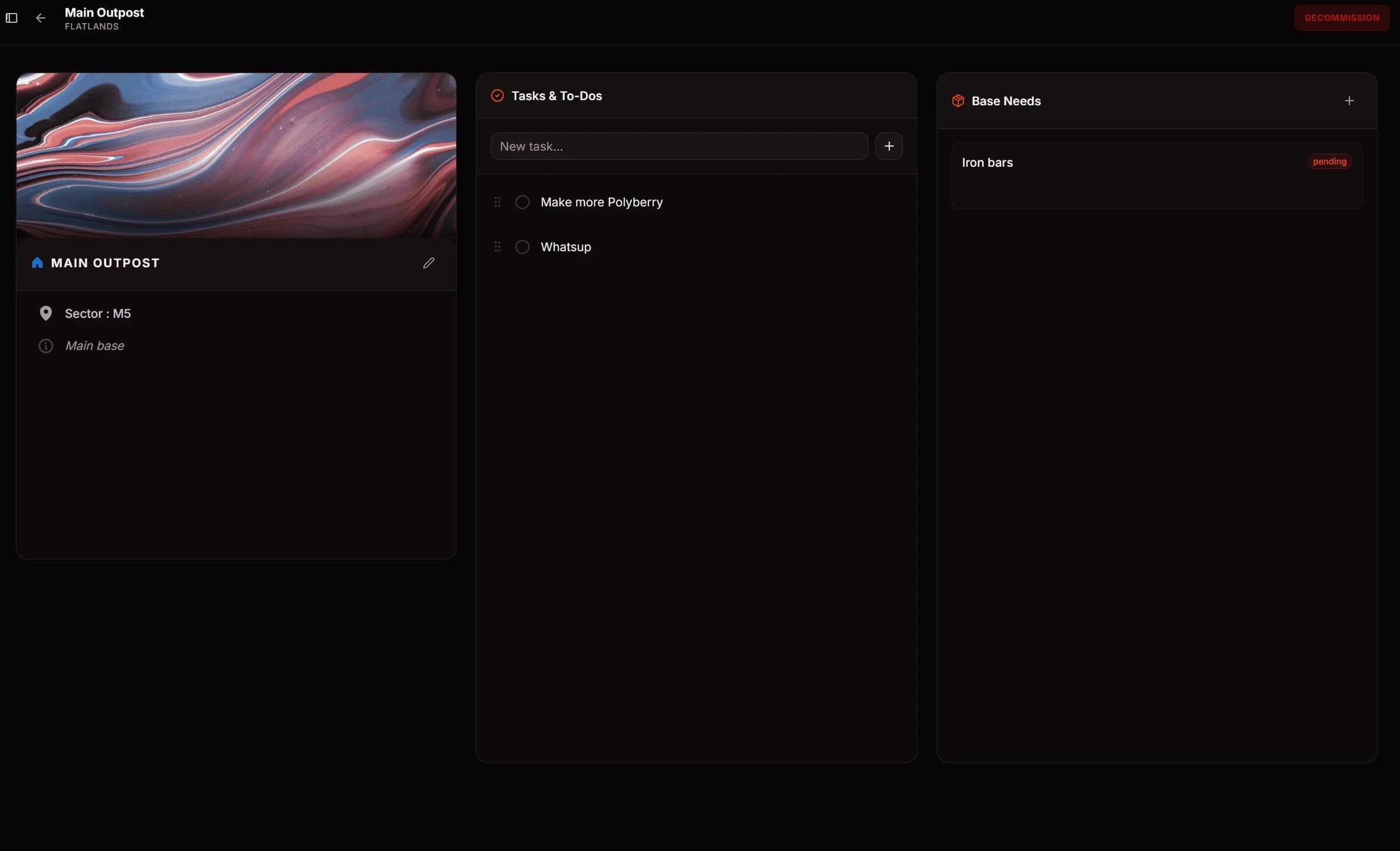 Base overview with to-do list and resource needs columns
