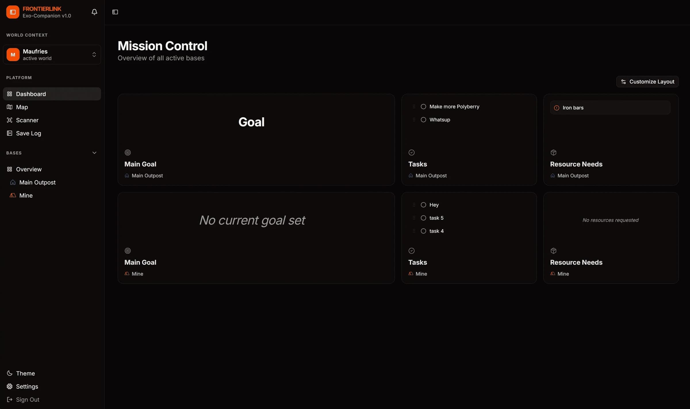 Mission Control dashboard with goals, tasks and resource needs