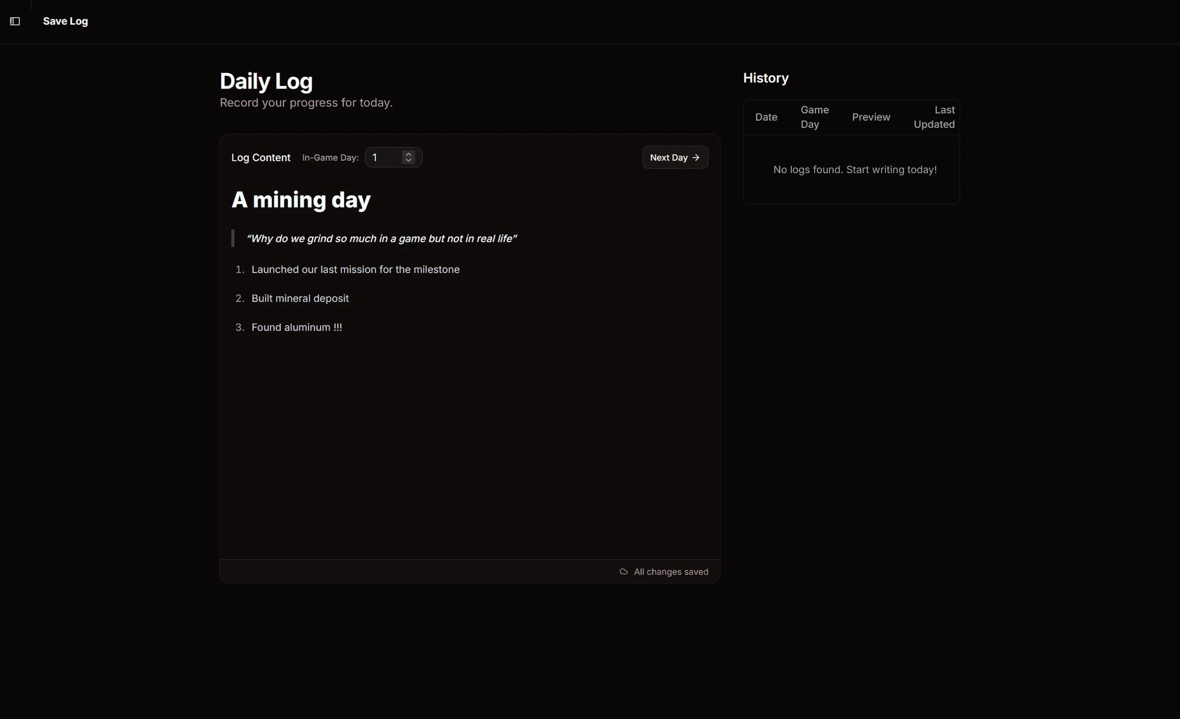 Daily log editor with a Markdown entry titled “A mining day”