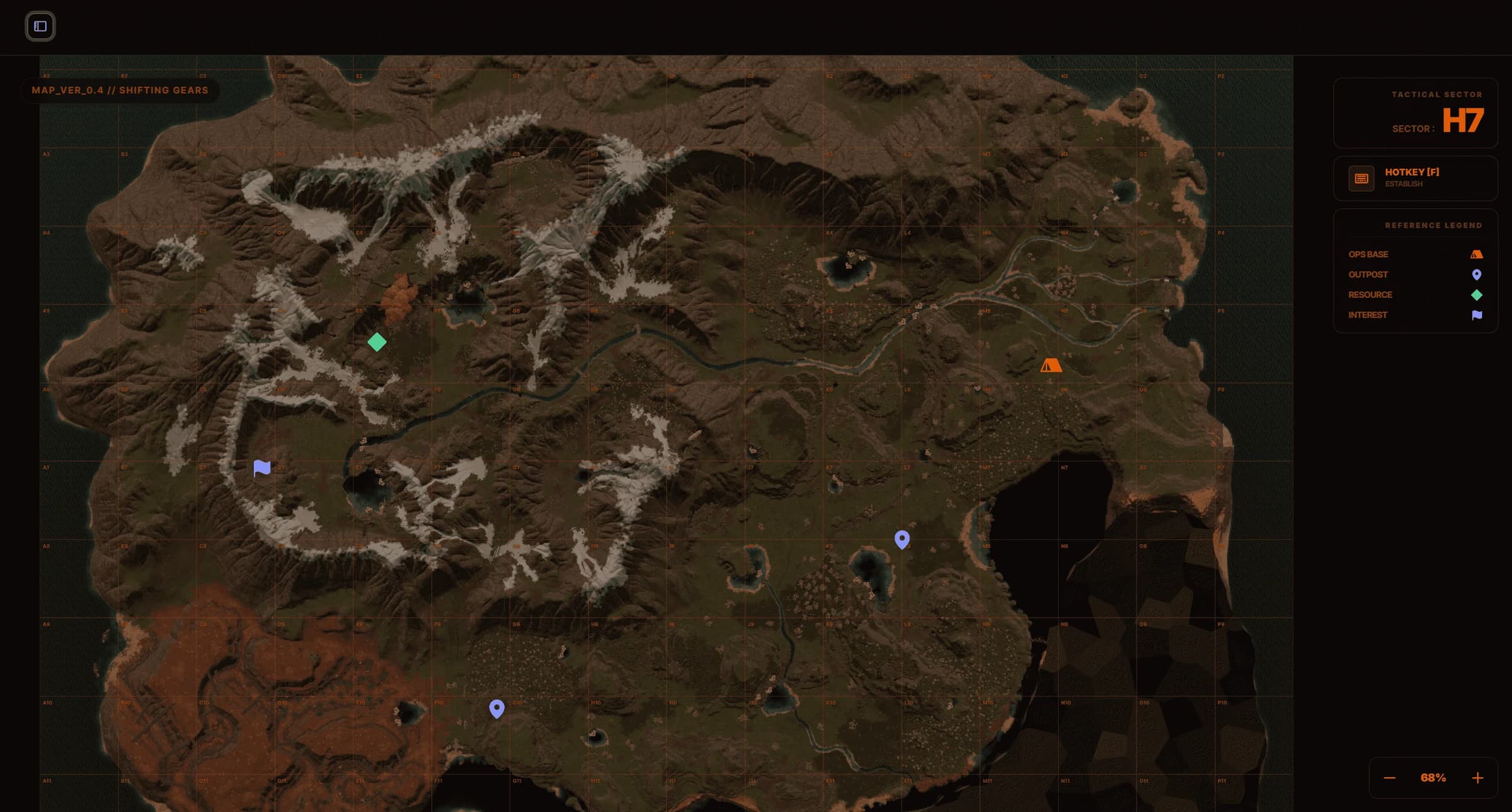 Frontier Link's interactive map of the game world with marked locations