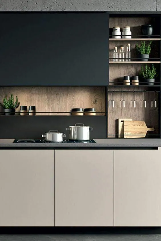 Dark kitchen with integrated shelving