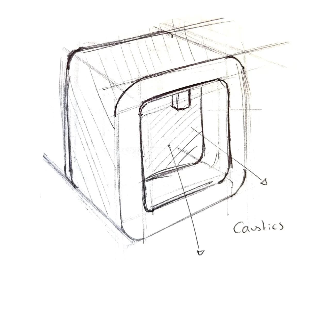 Perspective sketch of a rounded countertop dispenser with caustic light