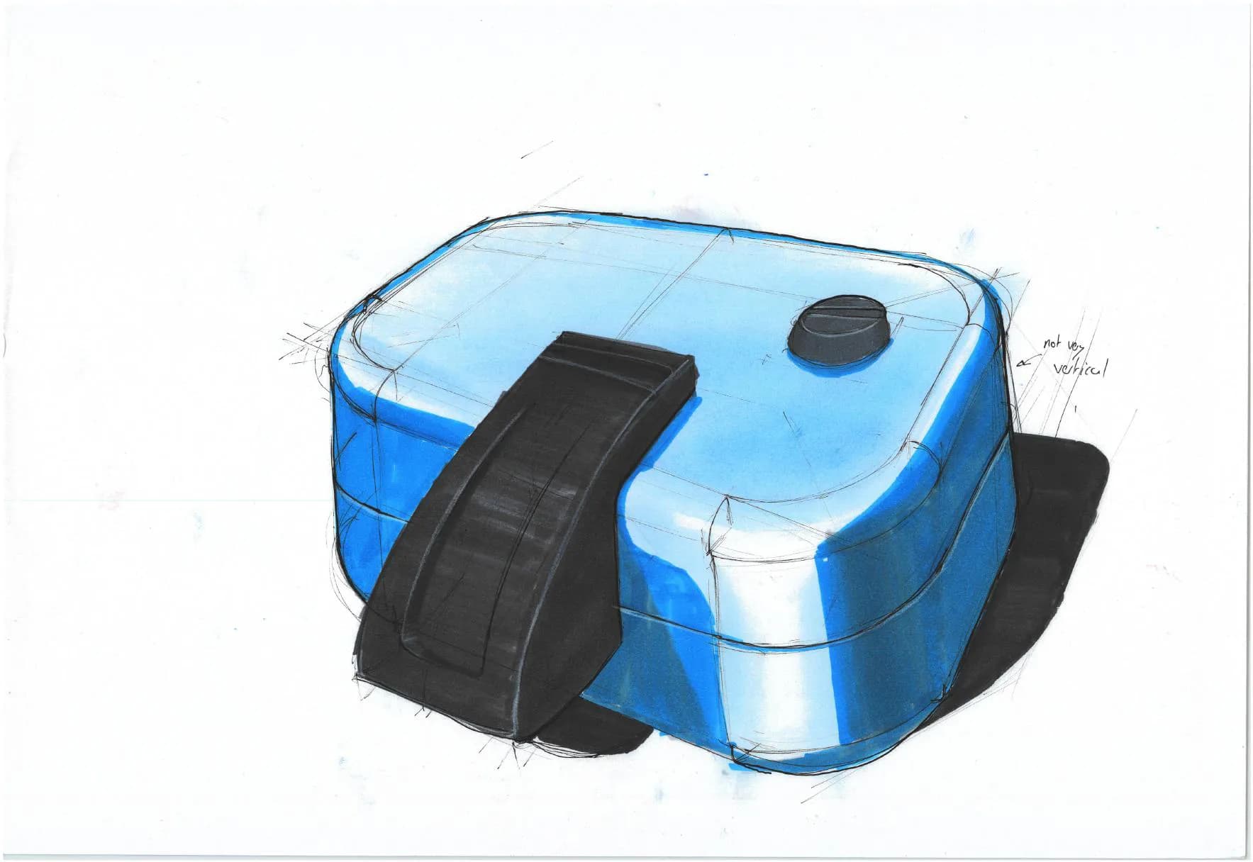 Blue marker rendering of a rounded product with a black strap