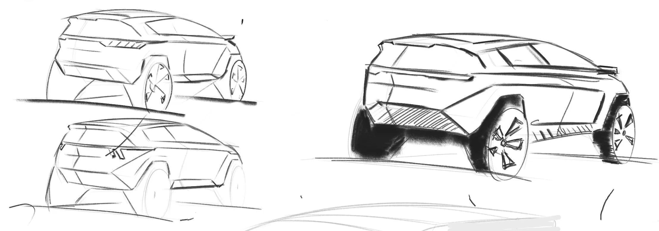 Rough line sketches of an SUV from several angles