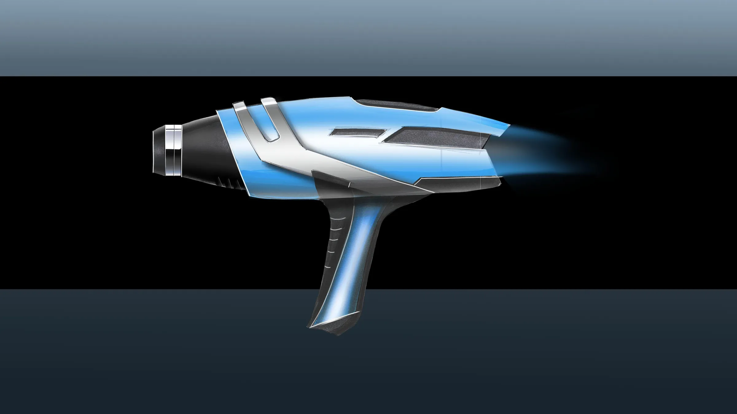 Photoshop render of a blue heat gun on a dark background