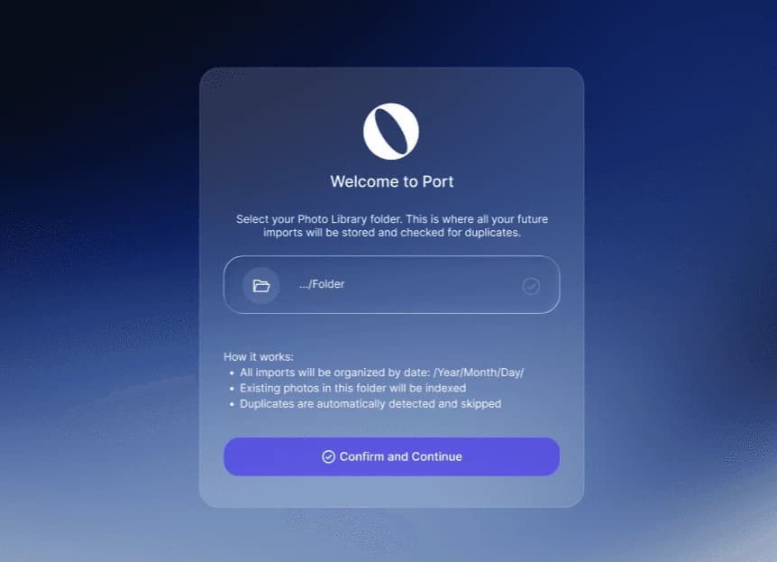 Port welcome screen asking for a photo library folder