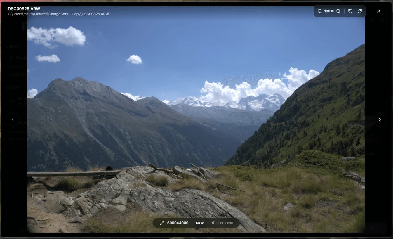 Quick Look preview of a RAW mountain landscape with camera metadata